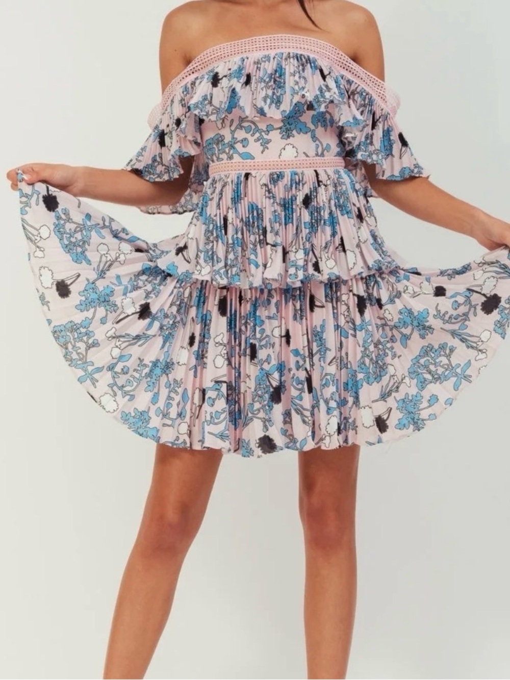 Self-Portrait Pink Off-Shoulder Floral Ruffle Mini Dress